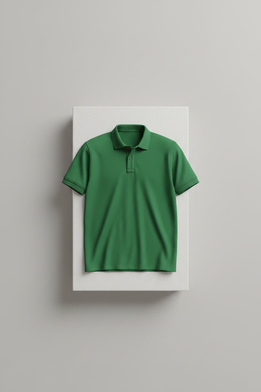 A green short-sleeve polo shirt displayed on a headless mannequin torso against a neutral gray studio background.