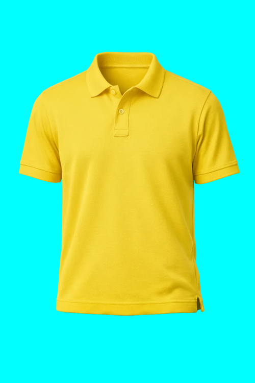 A bright yellow short-sleeve polo shirt displayed on a neutral gray background.