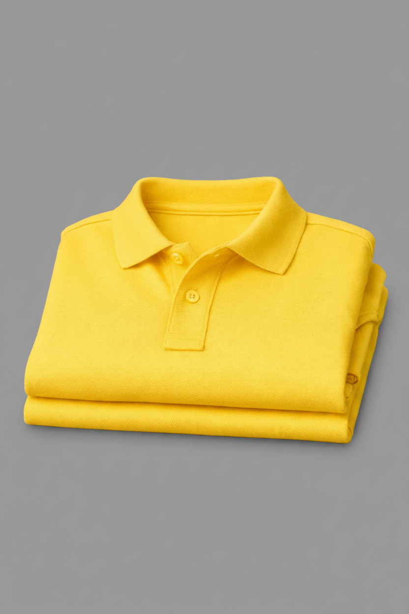 A folded yellow polo shirt with a classic collar and short button placket, displayed on a textured gray background.
